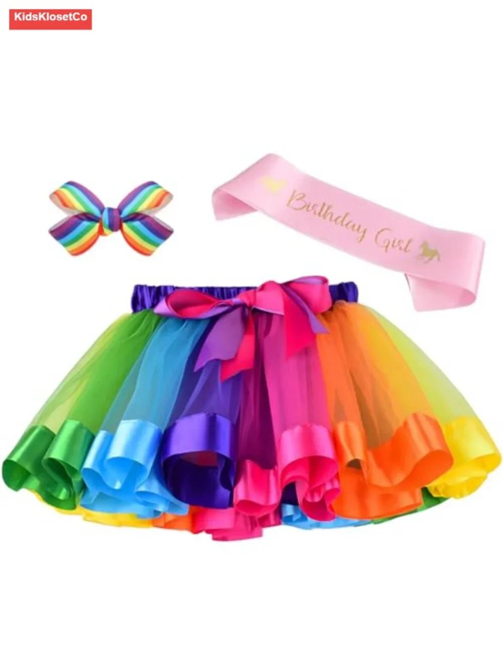 Girls Rainbow Tutu Skirt Set with Hair Bows and Sash Costume
